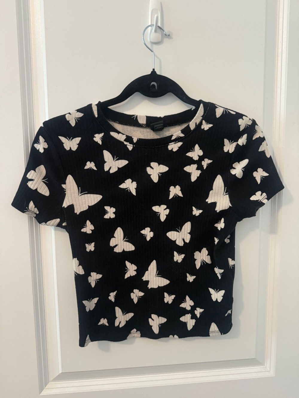 wild fable Black Ribbed Crop Top with White Butterfly Print